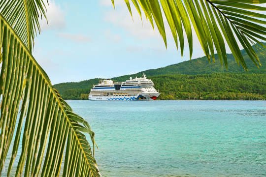 AIDA Kreuzfahrtschiff liegt vor Anker, karibische Insel, türkisblaues Meer